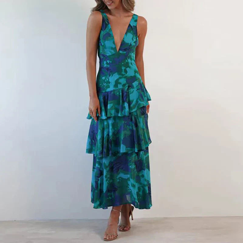 Xavryna – Floral Tiered Maxi Dress with Deep V-Neck
