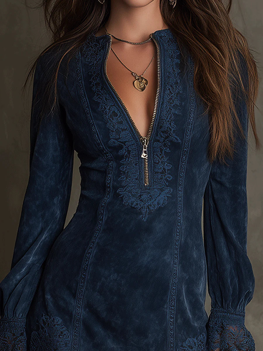 Azulena ❘ Blue tunic with embroidery and zipper