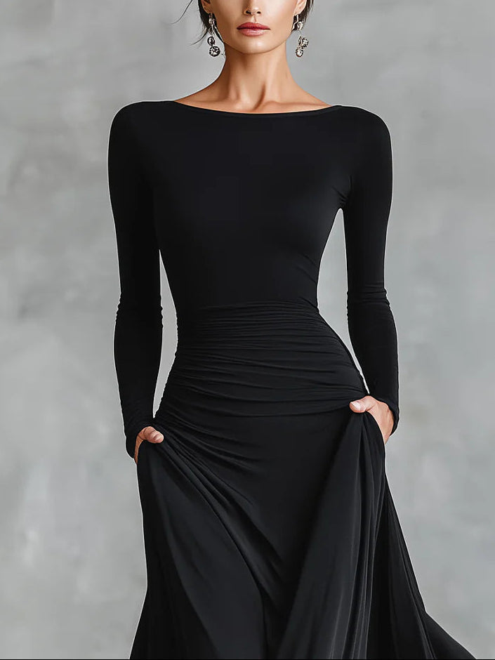 Adele - Modern long black crepe dress with boat neck and pleats