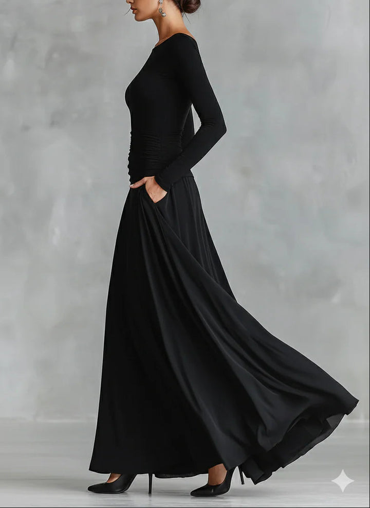 Adele - Modern long black crepe dress with boat neck and pleats