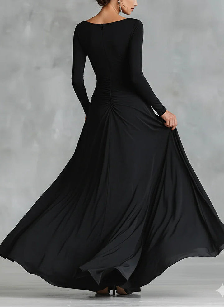 Adele - Modern long black crepe dress with boat neck and pleats