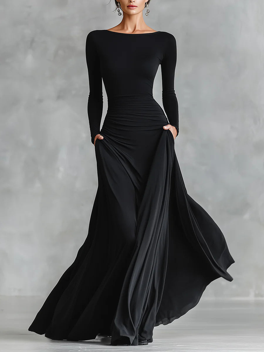 Adele - Modern long black crepe dress with boat neck and pleats
