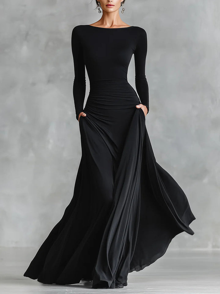 Adele - Modern long black crepe dress with boat neck and pleats