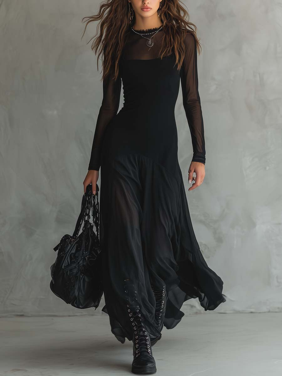 Neroa | Maxi dress with a loose fit in black tulle