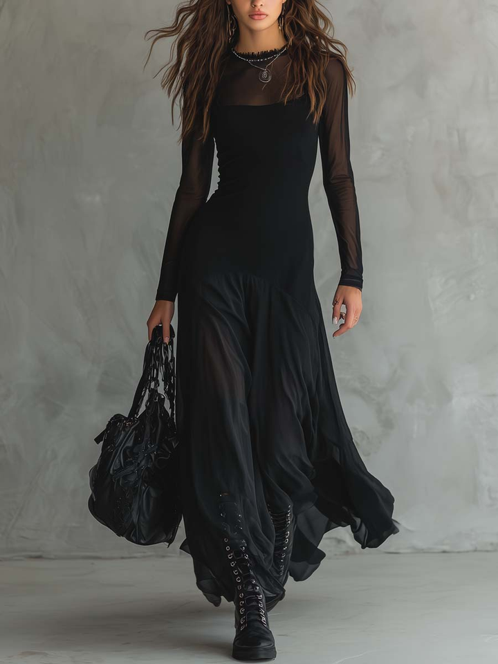 Neroa | Maxi dress with a loose fit in black tulle