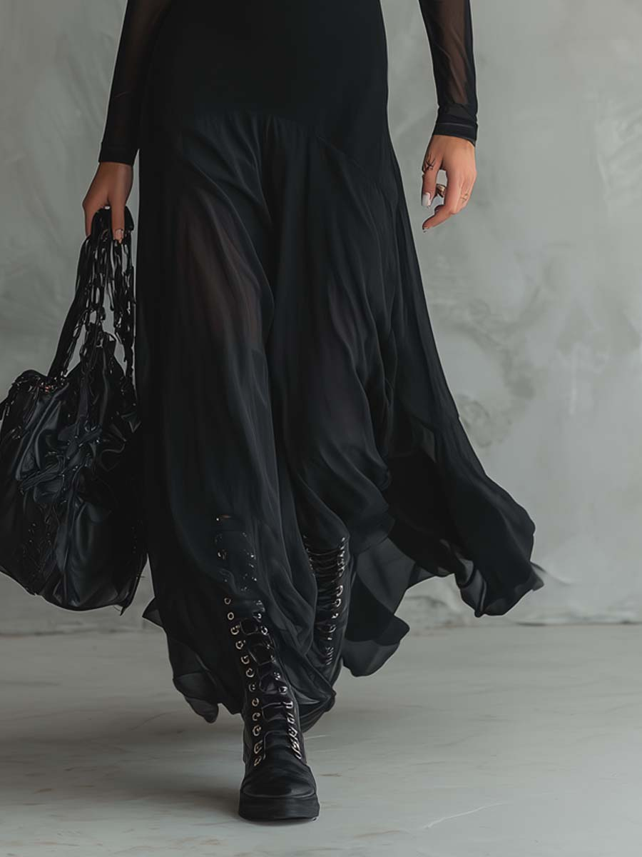 Neroa | Maxi dress with a loose fit in black tulle