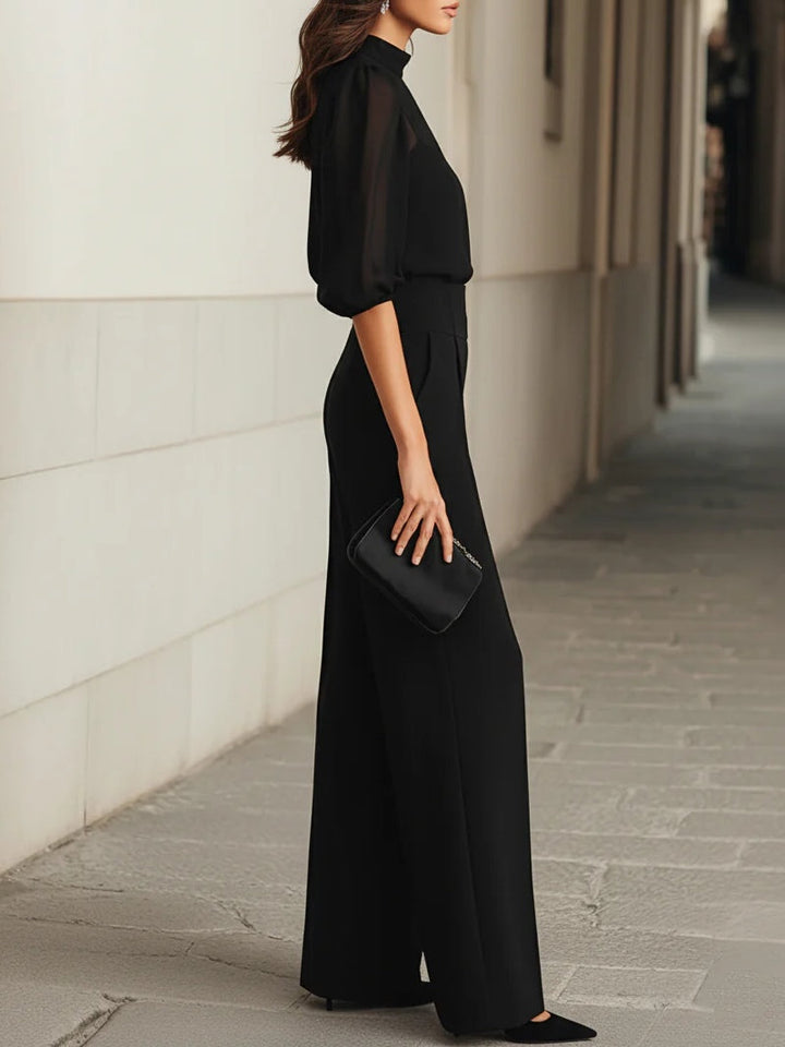 Valentina | Three-piece black set, consisting of a sheer camisole top and wide-leg pants