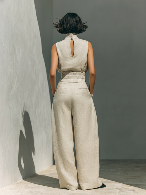 Aurora | Set consisting of a sleeveless beige top and wide-leg pants