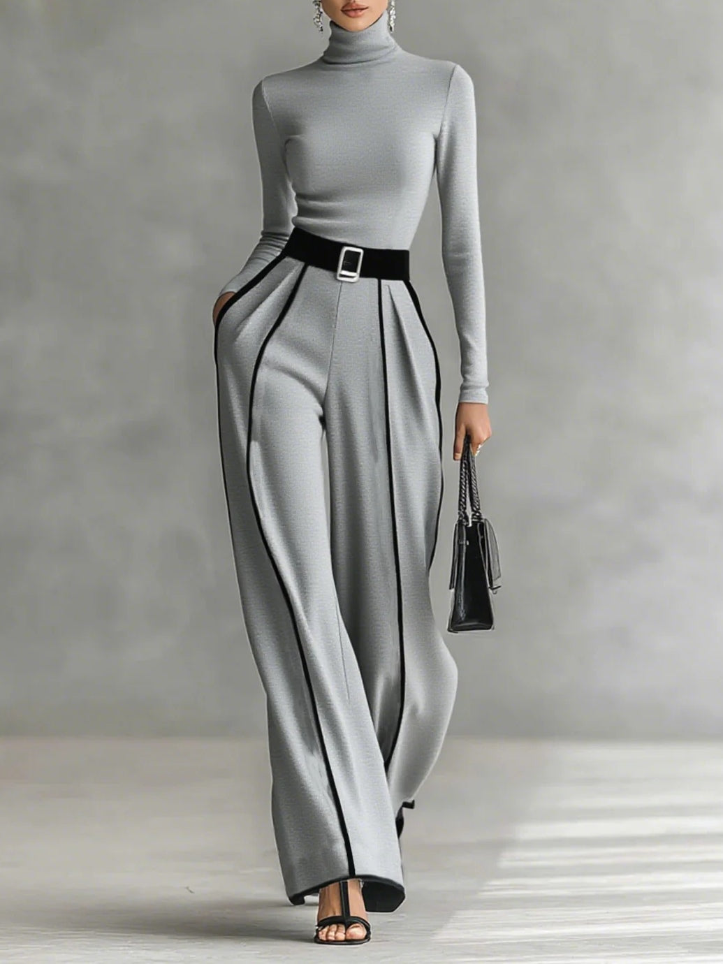 Solana - Long Sleeve Turtleneck and Wide Leg Trousers Set with Belt