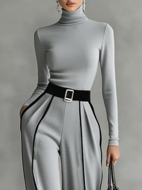 Solana - Long Sleeve Turtleneck and Wide Leg Trousers Set with Belt