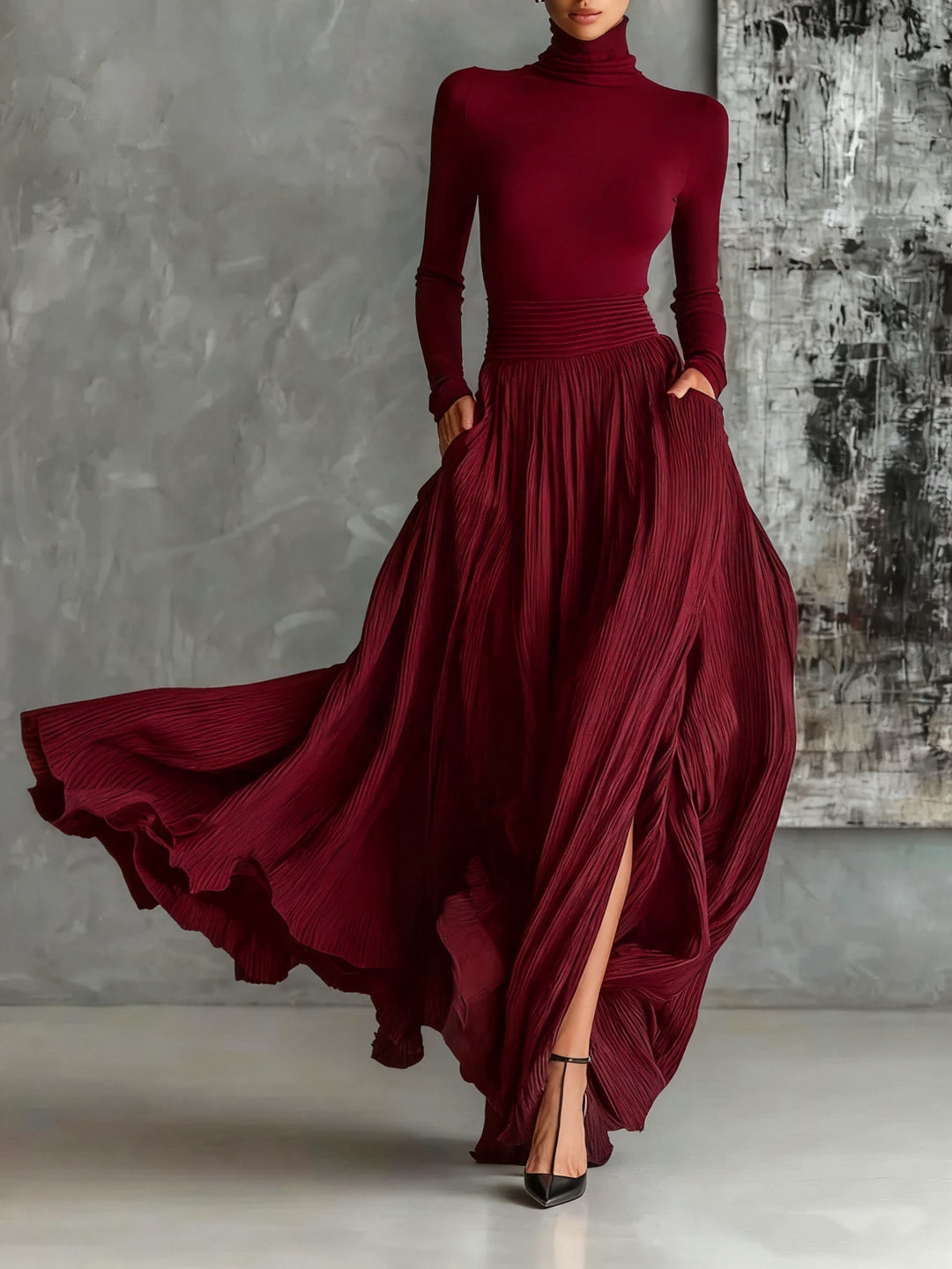 Soraya - Pleated Skirt and Black Fitted Long Sleeve Top Set