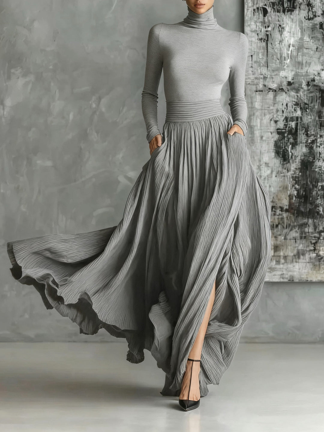 Soraya - Pleated Skirt and Black Fitted Long Sleeve Top Set