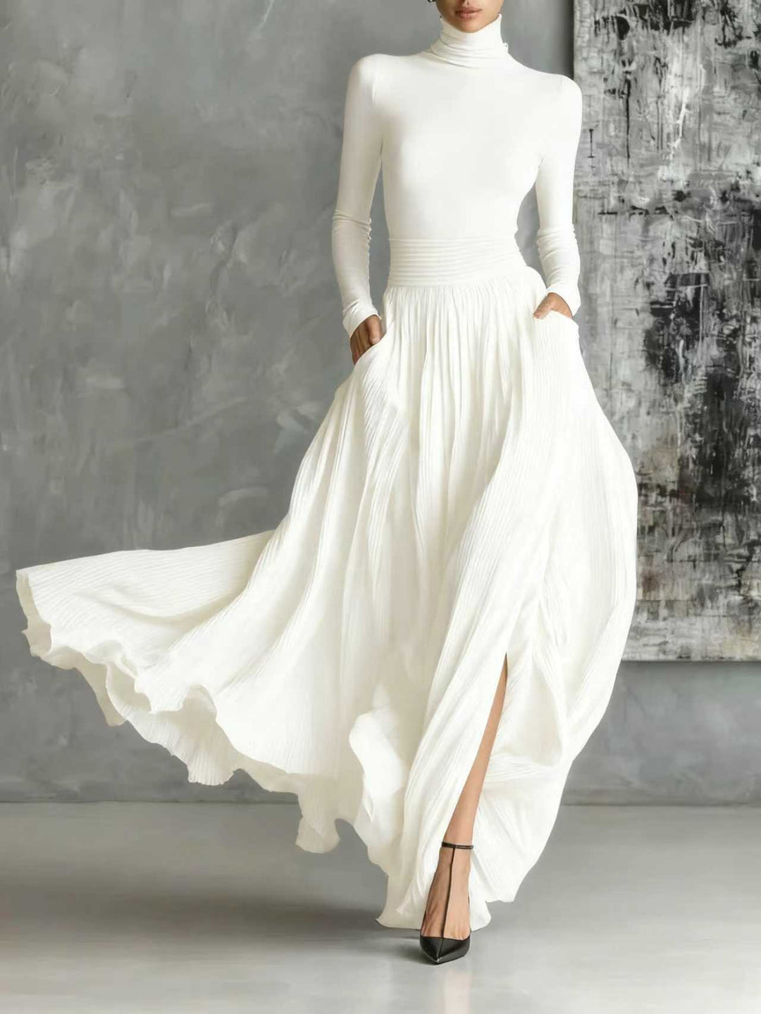 Soraya - Pleated Skirt and Black Fitted Long Sleeve Top Set