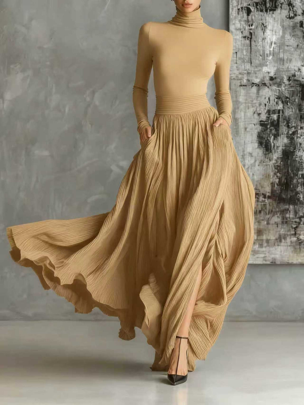 Soraya - Pleated Skirt and Black Fitted Long Sleeve Top Set