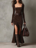 Elegant Dark Brown Maxi Dress Made of Eco-Leather with Square Neckline