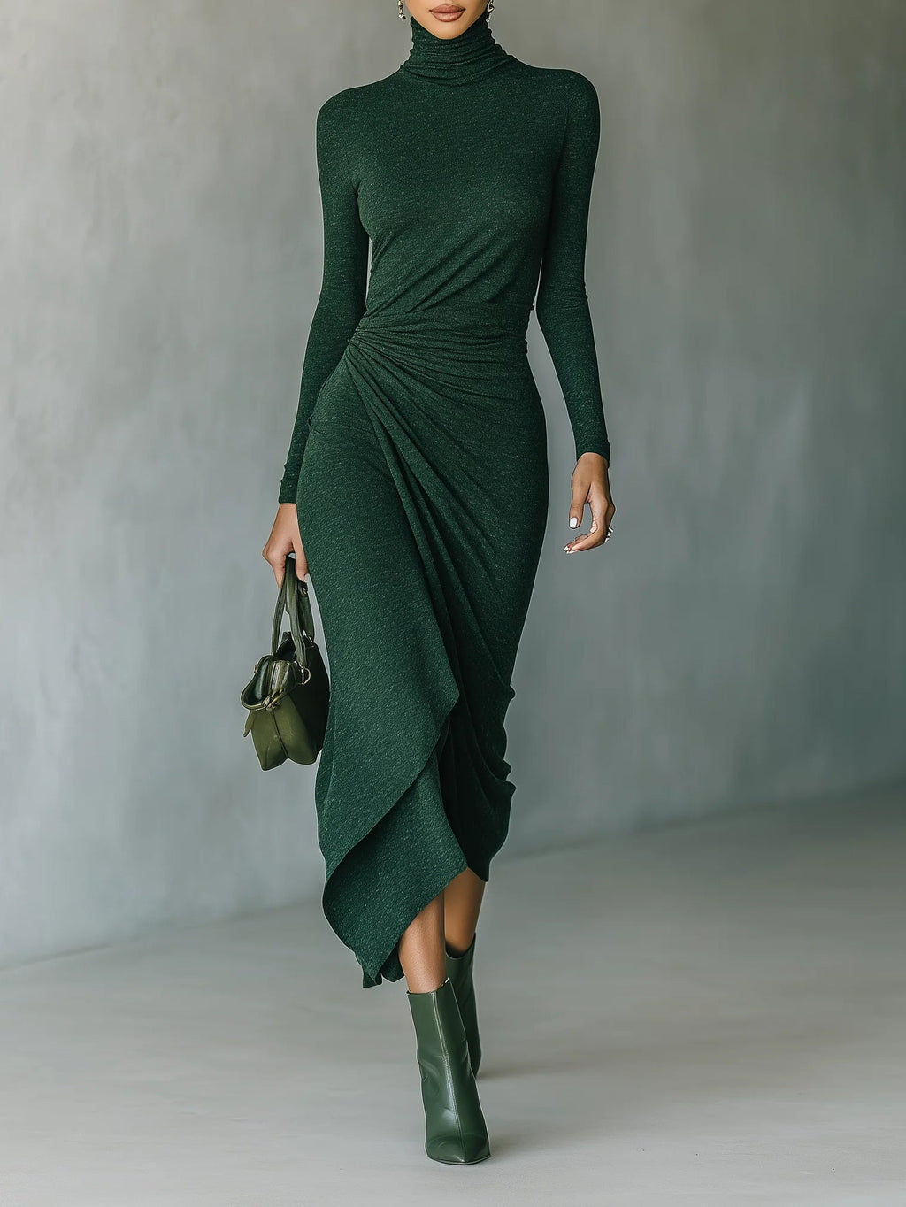 Lenora - Asymmetrical midi dress with draping and high collar in dark green color