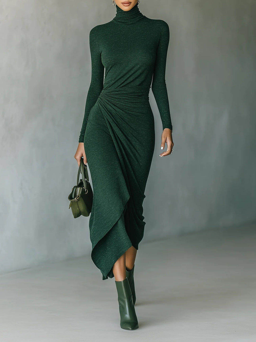 Lenora - Asymmetrical midi dress with draping and high collar in dark green color