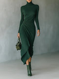 Lenora - Asymmetrical midi dress with draping and high collar in dark green color
