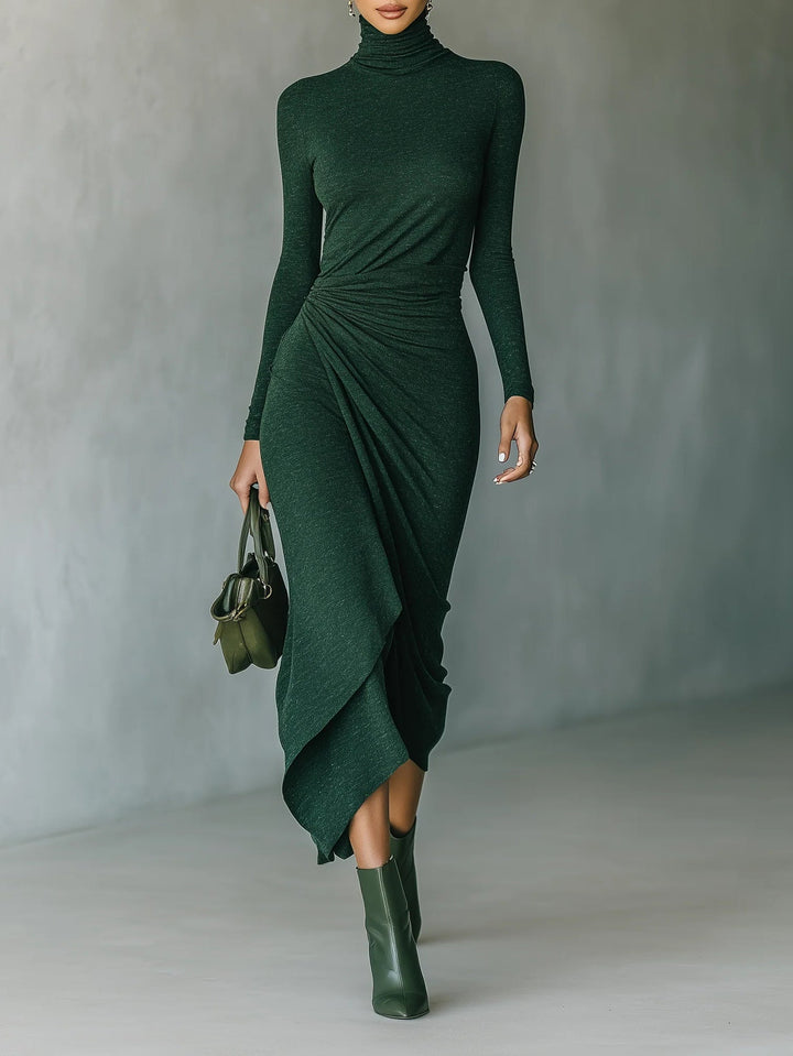 Lenora - Asymmetrical midi dress with draping and high collar in dark green color