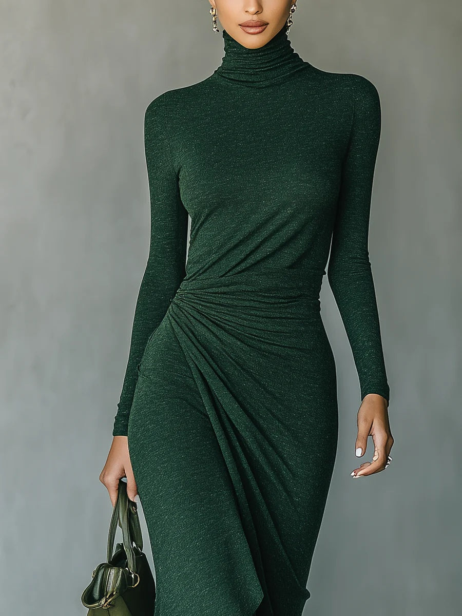 Lenora - Asymmetrical midi dress with draping and high collar in dark green color
