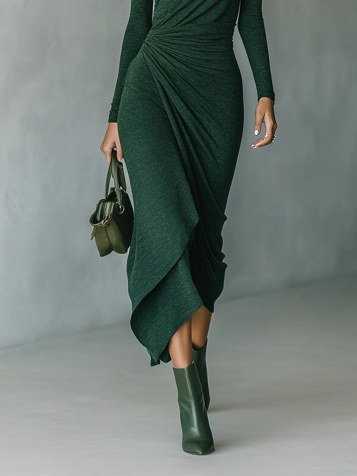 Lenora - Asymmetrical midi dress with draping and high collar in dark green color