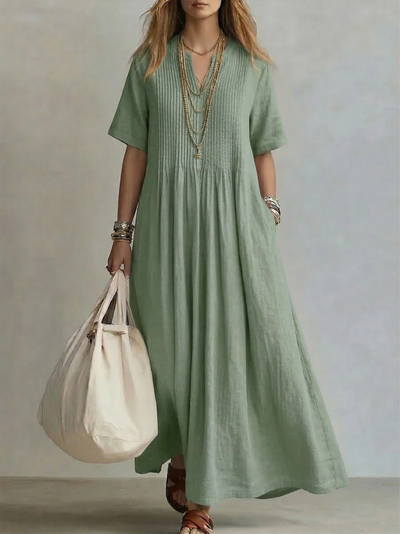 Saida – V-Neck Maxi Dress with Short Sleeves and Flowing Fit