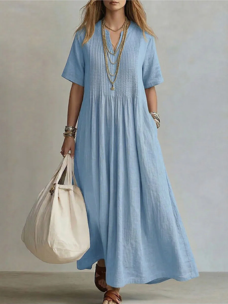 Saida – V-Neck Maxi Dress with Short Sleeves and Flowing Fit