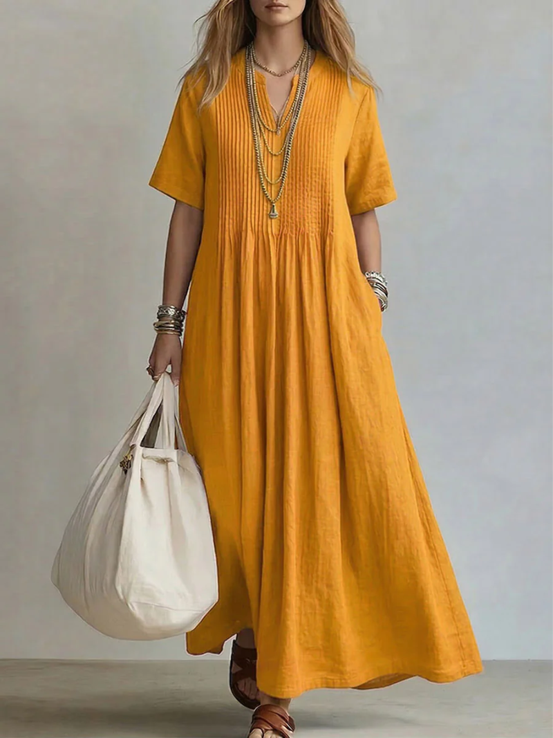 Saida – V-Neck Maxi Dress with Short Sleeves and Flowing Fit