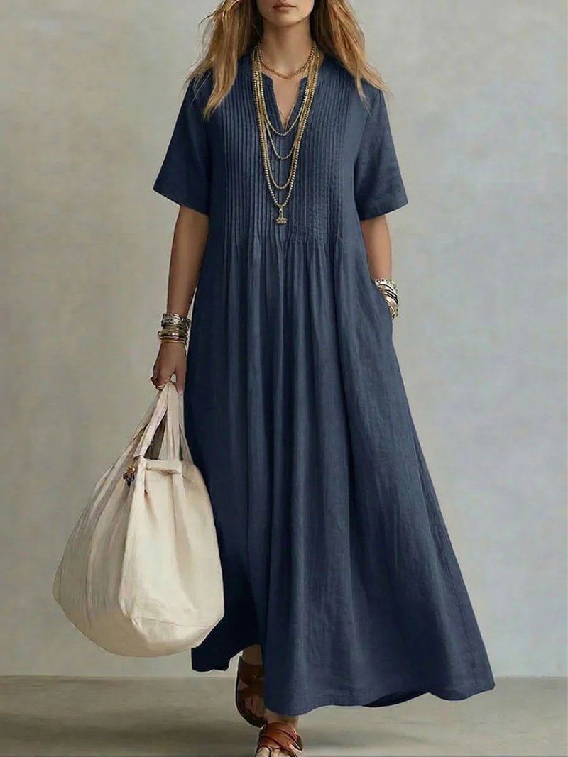 Saida – V-Neck Maxi Dress with Short Sleeves and Flowing Fit