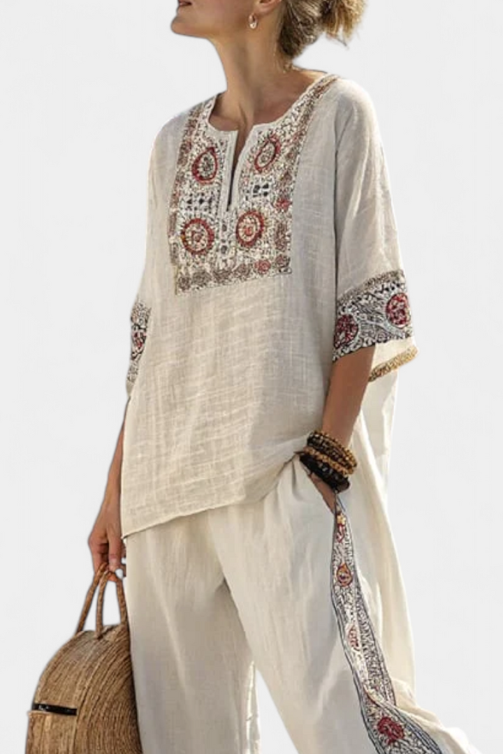 Tameric | Embroidered Raw Blouse and Wide Pants
