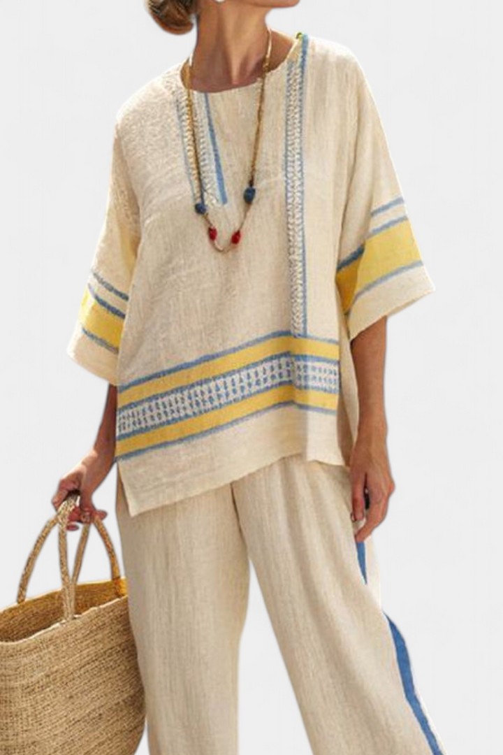 Jaxmere | Comfortable Top Mediterranean Blue-Yellow & Linen Pants