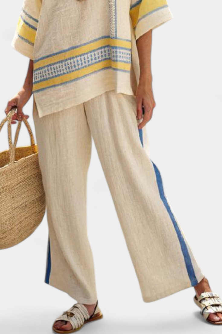 Jaxmere | Comfortable Top Mediterranean Blue-Yellow & Linen Pants