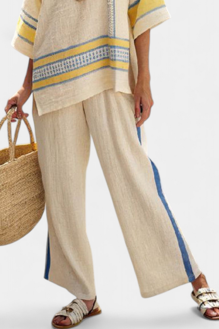 Jaxmere | Comfortable Top Mediterranean Blue-Yellow & Linen Pants