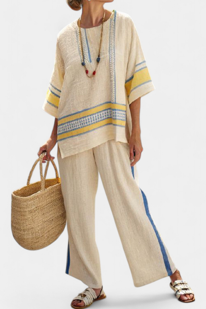 Jaxmere | Comfortable Top Mediterranean Blue-Yellow & Linen Pants