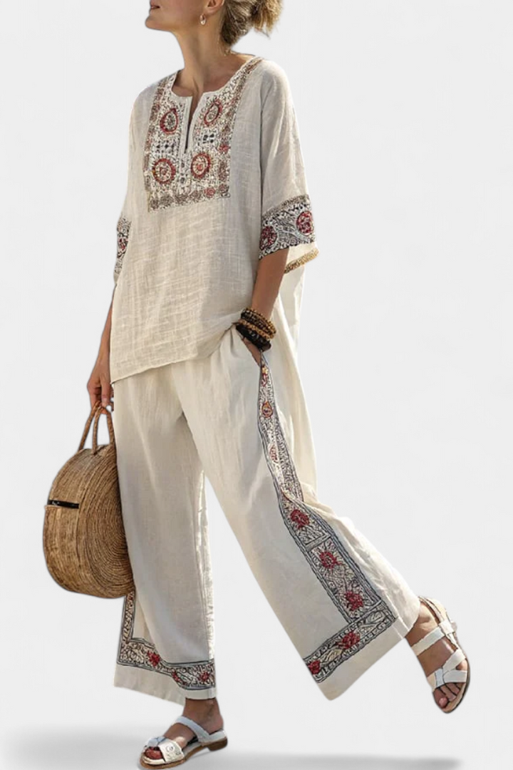 Tameric | Embroidered Raw Blouse and Wide Pants