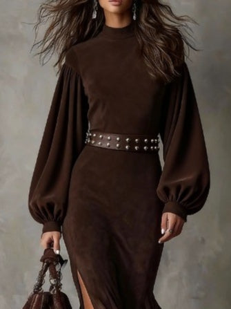 Retro long lantern dress with long sleeves and a high collar