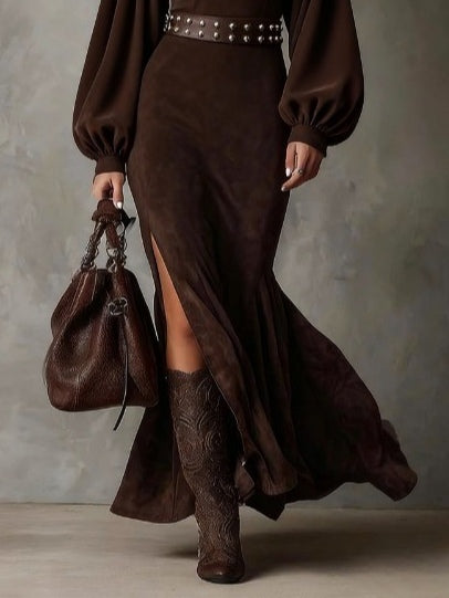 Retro long lantern dress with long sleeves and a high collar