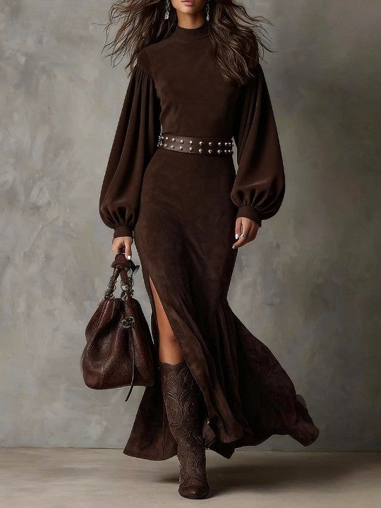 Retro long lantern dress with long sleeves and a high collar