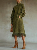 Suede Dress with Turtleneck and Fringes