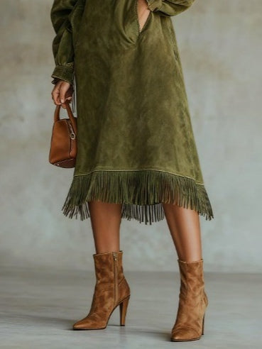 Suede Dress with Turtleneck and Fringes