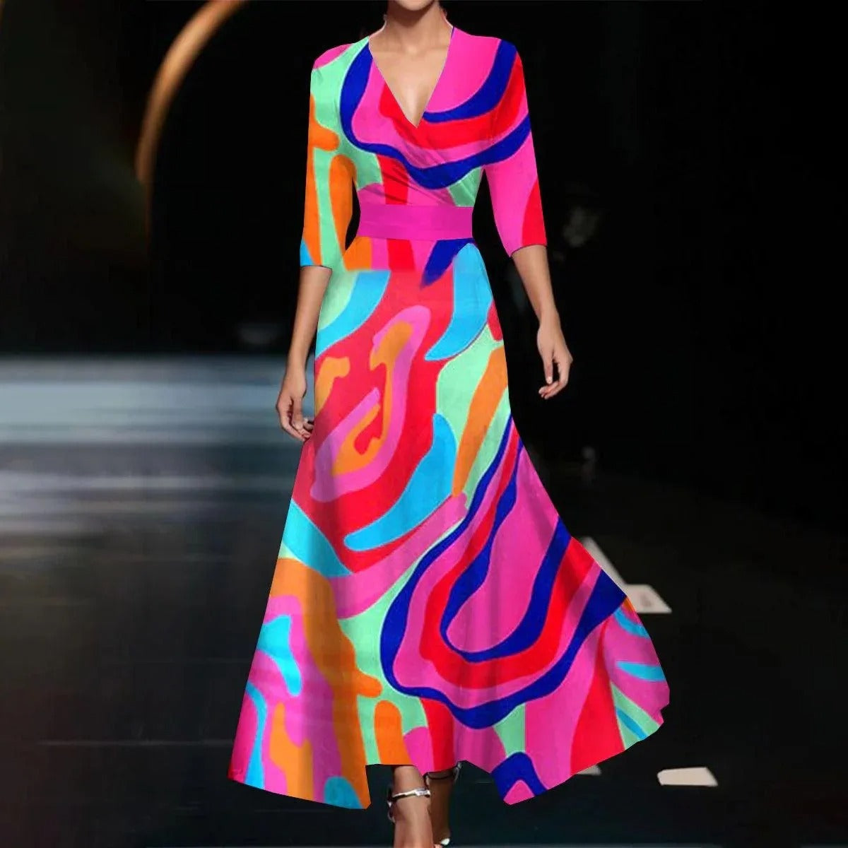 Emily - Printed High Waist Midi Dress with Mid Sleeves